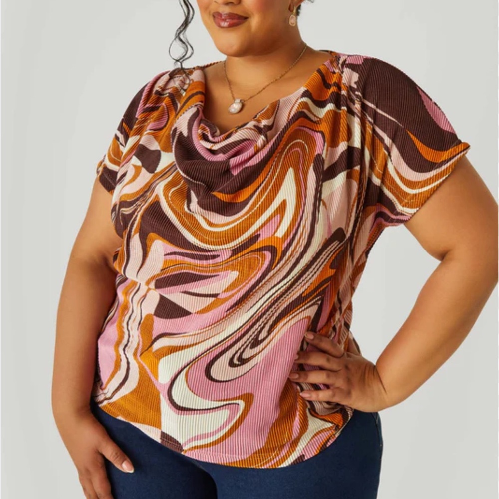 NEW ASHLEY STEWART Plisse Swirl Print Top SIZE: 26/28